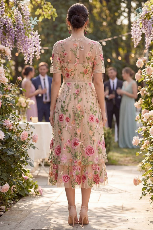 Ruffled A Line Maxi Floral Blush Wedding Guest Dress With Lace Blush