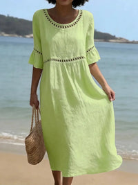 Raeven - Lightweight Midi Dress with Lace Cut-Out Details and Flutter Sleeves