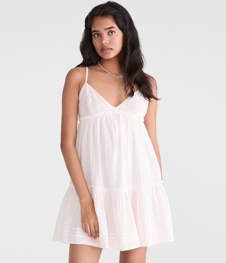 Aeropostale Womens' Solid V Neck Crocheted Babydoll Mini Dress Pink
