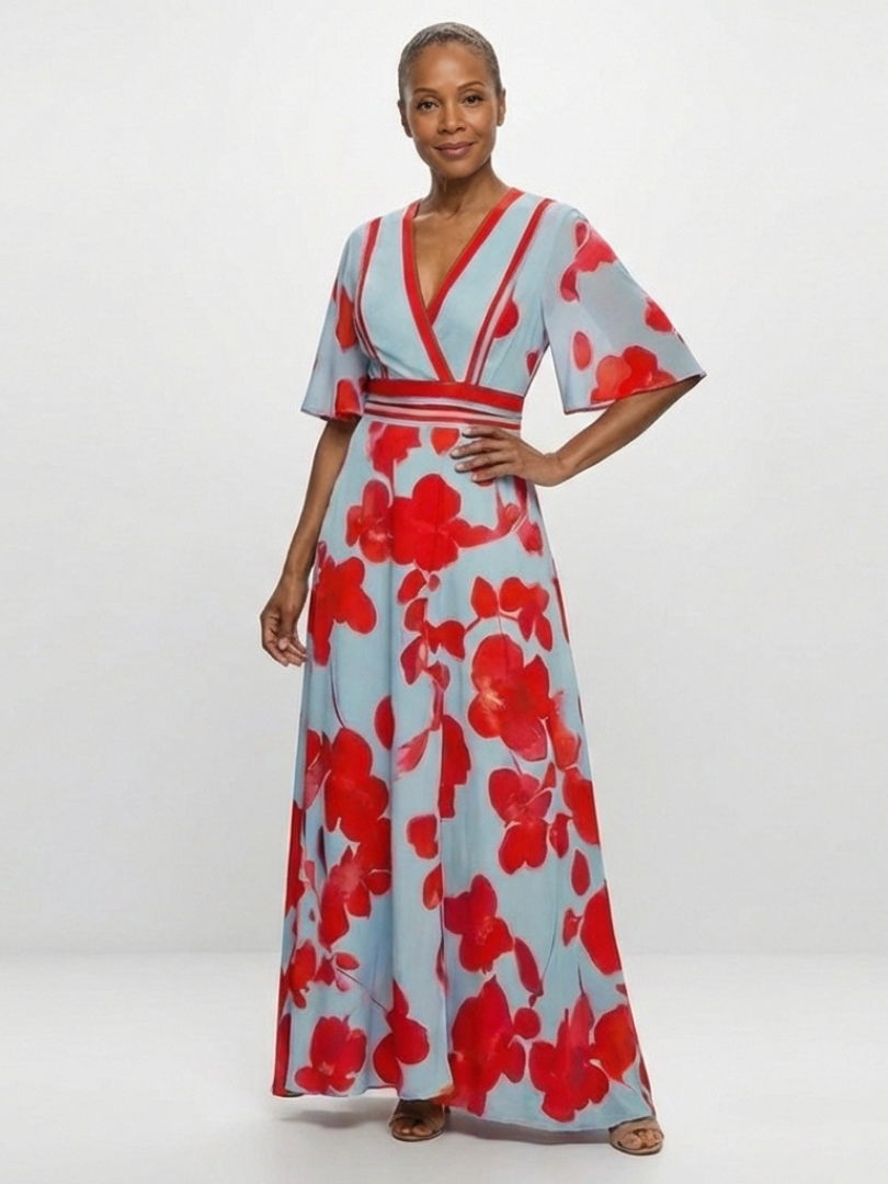 Eliza – Floral V-Neck Short Sleeve Maxi Dress