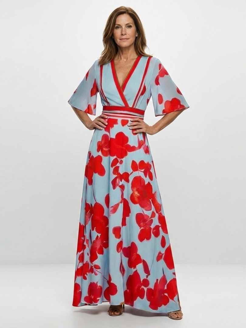 Eliza – Floral V-Neck Short Sleeve Maxi Dress