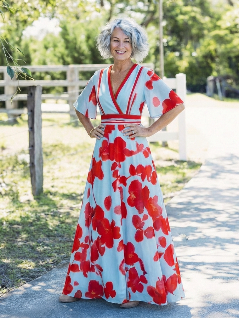 Eliza – Floral V-Neck Short Sleeve Maxi Dress