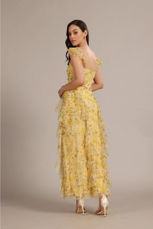 Lace & Beads Malin Yellow Floral Maxi Dress