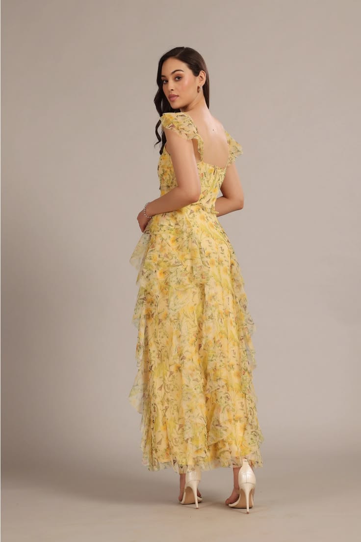 Lace & Beads Malin Yellow Floral Maxi Dress