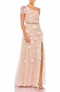Women's One Shoulder Polka Dot Chiffon Gown With Ruffle Detail