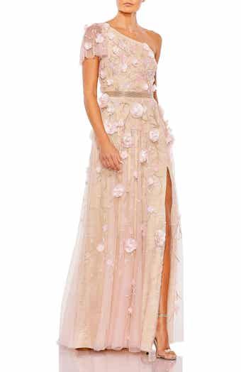 Women's One Shoulder Polka Dot Chiffon Gown With Ruffle Detail (Women)