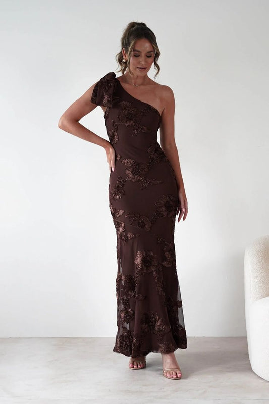 Thelma Floral Textured Maxi Dress Brown Wedding Guest Dress Maxi