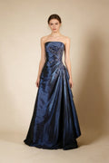 A Line Navy Blue Strapless Satin Beading Vintage Long Party Dress