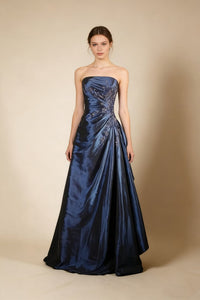 A Line Navy Blue Strapless Satin Beading Vintage Long Party Dress
