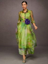 Elegant Abstract Print Maxi Dress With Floral Belt