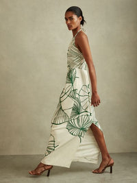 Reiss Floral Sketch Halter Neck Maxi Dress in White/Green