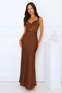 Permission To Party Satin Maxi Dress L Brown