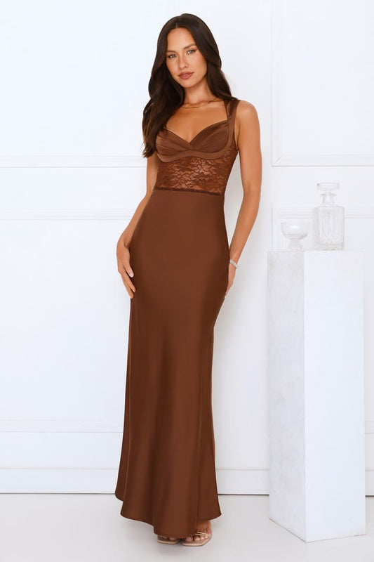 Permission To Party Satin Maxi Dress L Brown