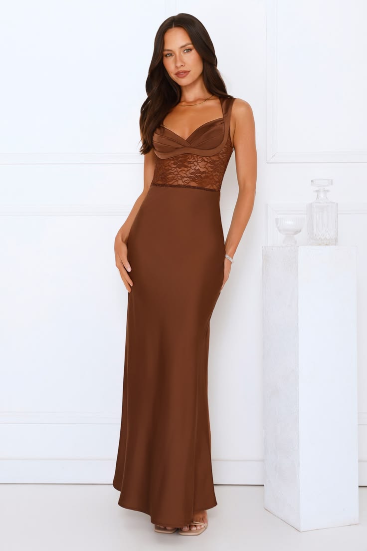 Permission To Party Satin Maxi Dress L Brown