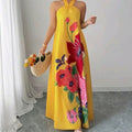 Elegant Blue Maxi Dress With Floral Patterns Color: Pink Yellow Size: