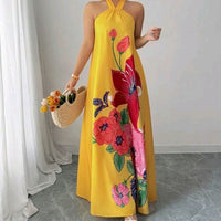 Elegant Blue Maxi Dress With Floral Patterns Color: Pink Yellow Size: