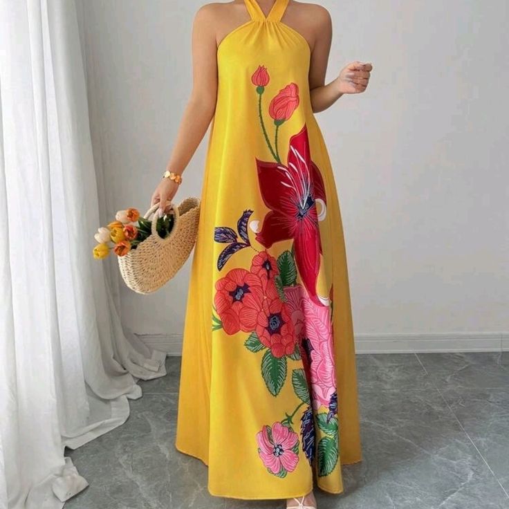 Elegant Blue Maxi Dress With Floral Patterns Color: Pink Yellow Size: