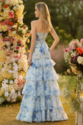 Floral Blue And White Strapless Mermaid Long Prom Dress With Ruffles