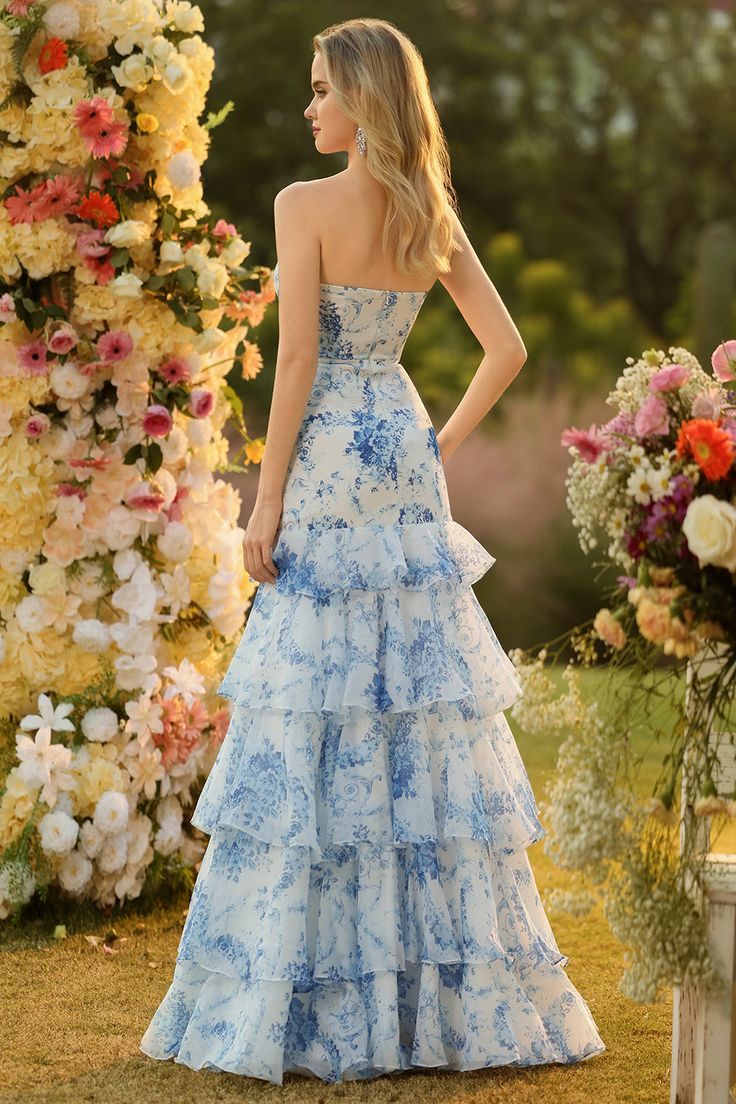 Floral Blue And White Strapless Mermaid Long Prom Dress With Ruffles
