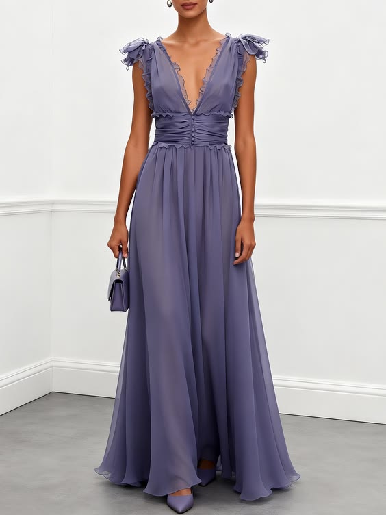 Deep Purple Ruffled Chiffon V Neck Sleeveless A Line Gown Dress Deep