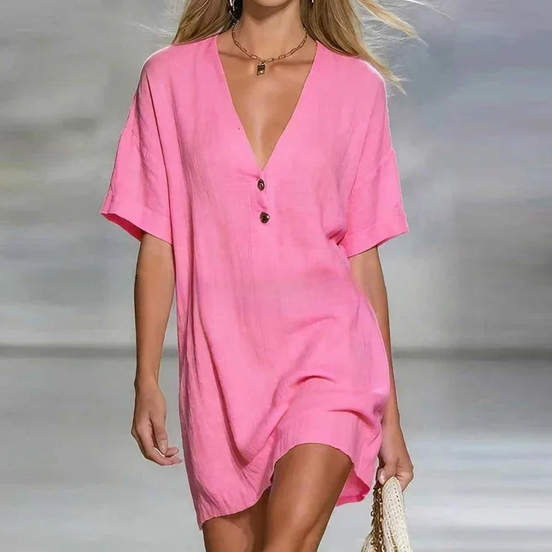 Delara | Women's V-Neck Short Sleeve Relaxed Mini Dress