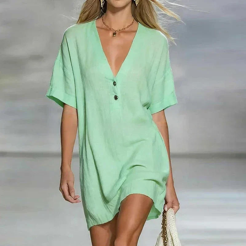 Delara | Women's V-Neck Short Sleeve Relaxed Mini Dress