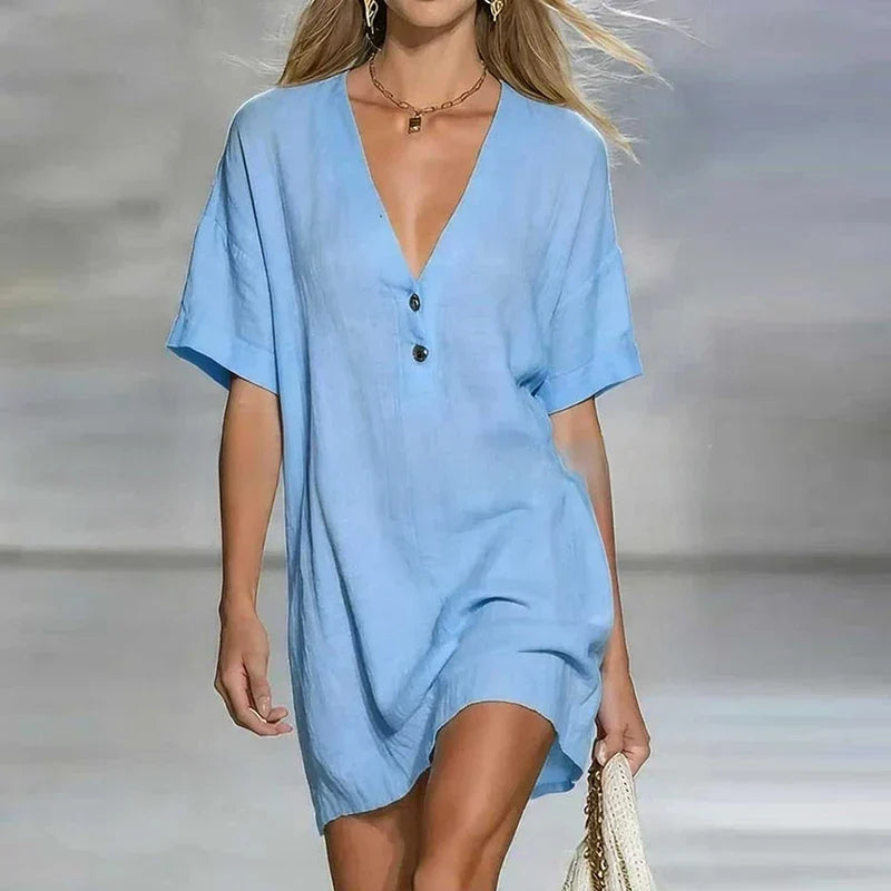 Delara | Women's V-Neck Short Sleeve Relaxed Mini Dress