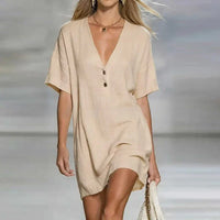 Delara | Women's V-Neck Short Sleeve Relaxed Mini Dress