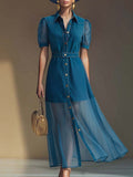 Delphine | Women's Collared Button Front Denim Maxi Dress
