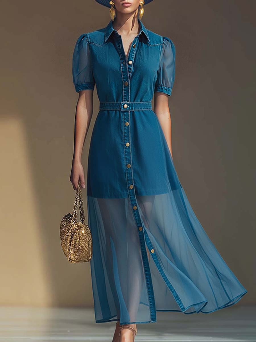 Delphine | Women's Collared Button Front Denim Maxi Dress