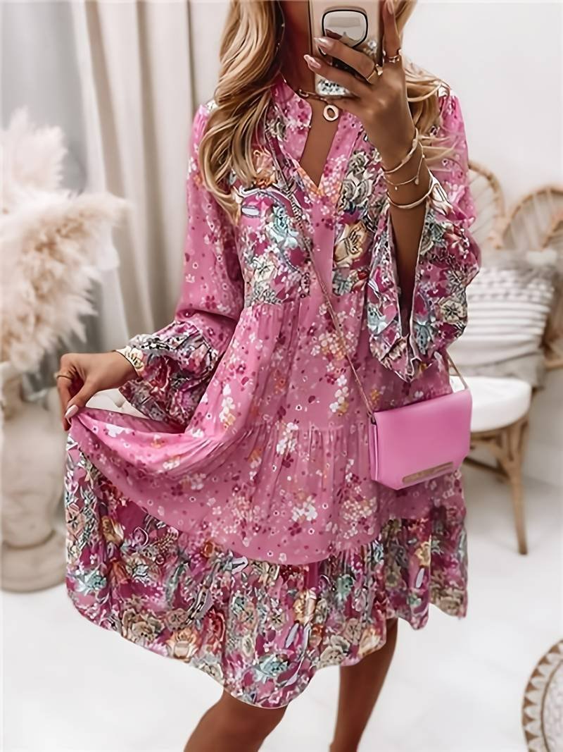 Delphine | Women's Floral Print Long Sleeve Tiered Midi Dress