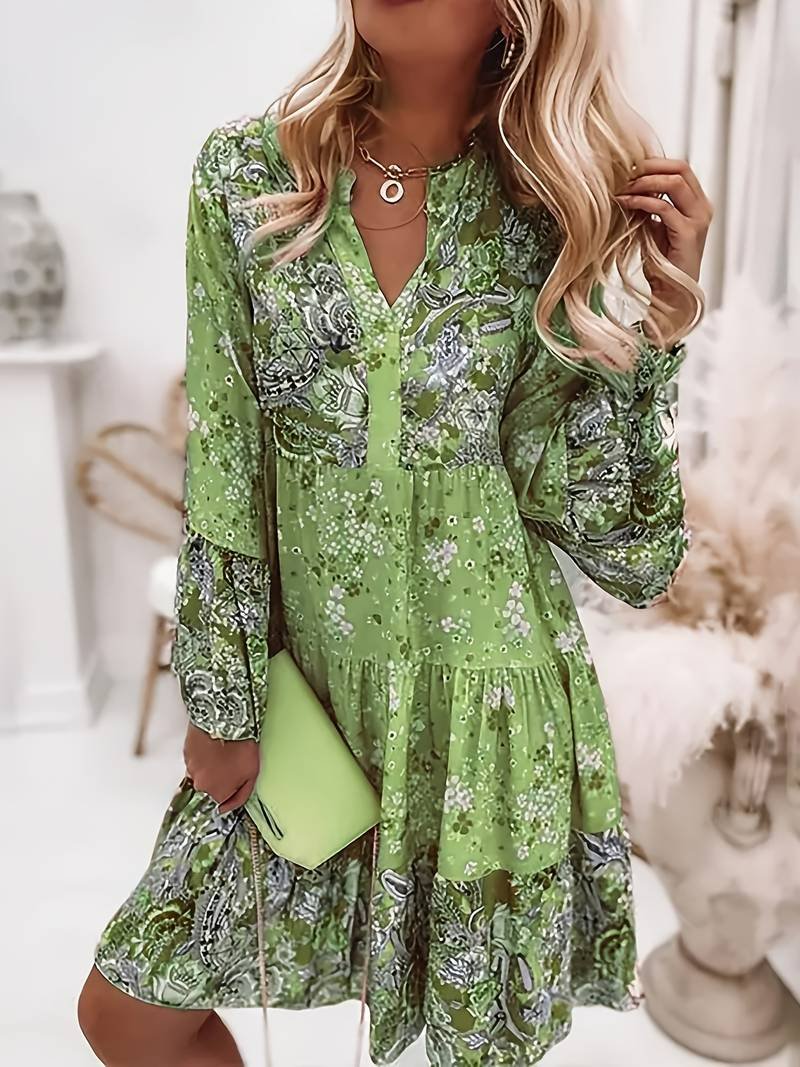 Delphine | Women's Floral Print Long Sleeve Tiered Midi Dress