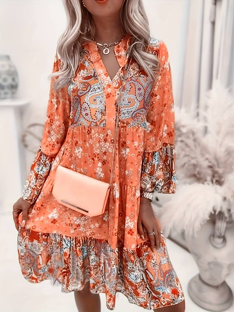 Delphine | Women's Floral Print Long Sleeve Tiered Midi Dress