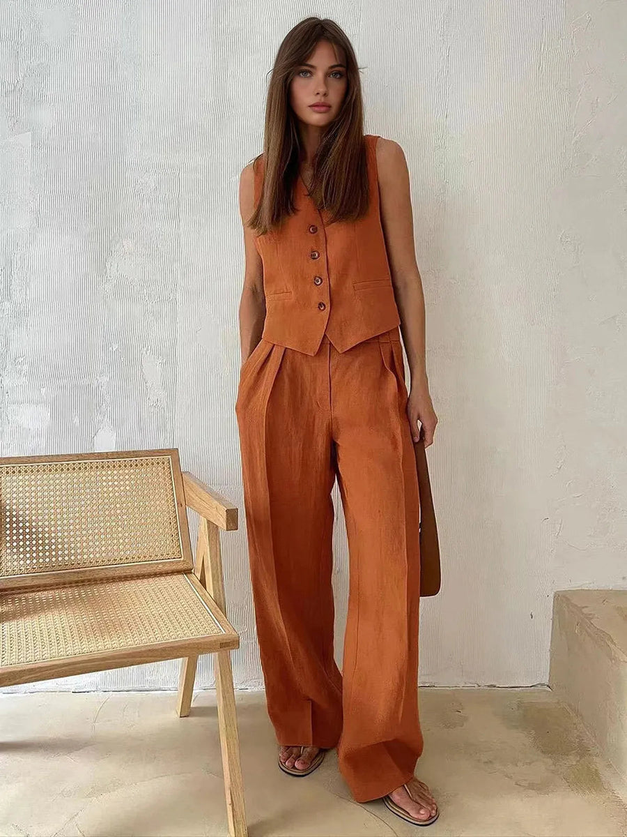 Delphine | Women's Sleeveless Vest Wide Leg Pants Set