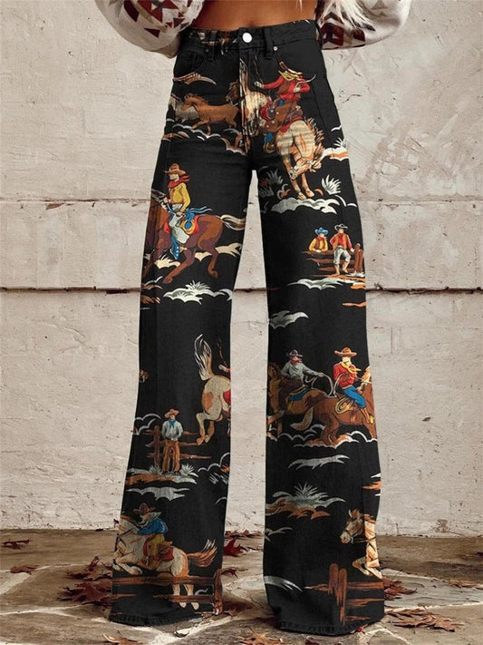 Grace | Denim Western Print High-Waist Wide-Leg Pants Black