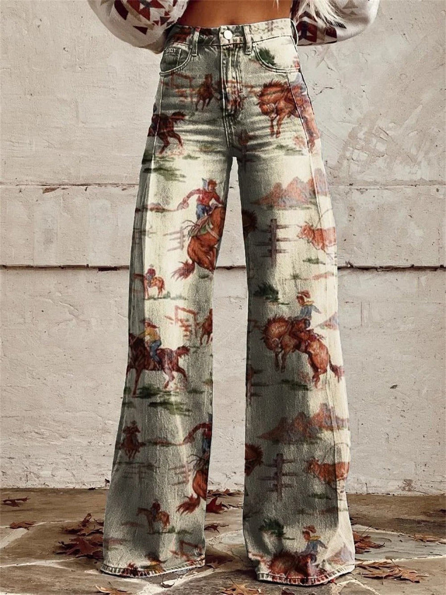 Grace | Denim Western Print High-Waist Wide-Leg Pants Beige