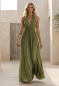 Elegant Halter Maxi Dress Pleated Beach Resort Wear Flowy Summer