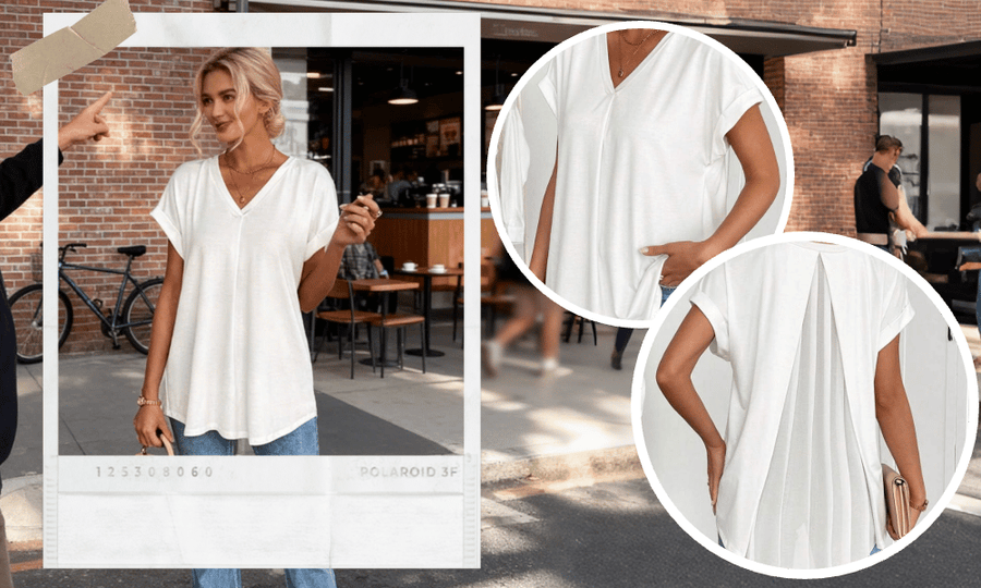 Saffron - Patchwork Back Slimming Cotton V-Neck T-Shirt
