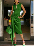 Women Elegant Midi Dress Natural Bodycon Crew Neck Sleeveless Summer