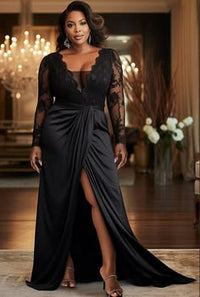 V Neck Black Mother Of The Bride Dress Long Sleeves Lace Front Slit