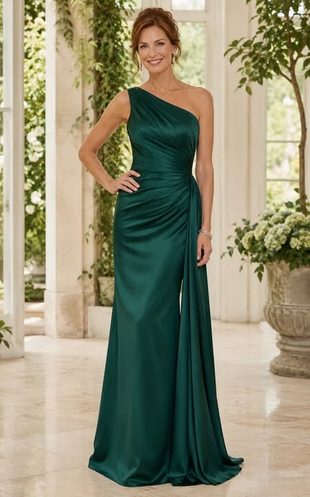 Dark Green One Shoulder Satin Sheath Mother Dress With Side Drape