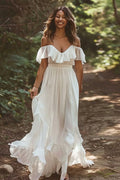 A Line Ruffled White Off The Shoulder Wedding Dress