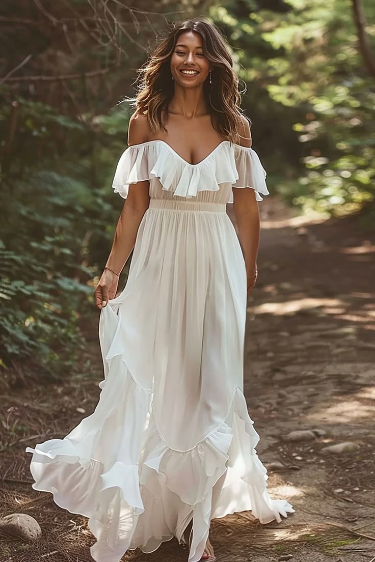 A Line Ruffled White Off The Shoulder Wedding Dress