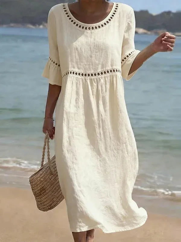Raeven - Lightweight Midi Dress with Lace Cut-Out Details and Flutter Sleeves