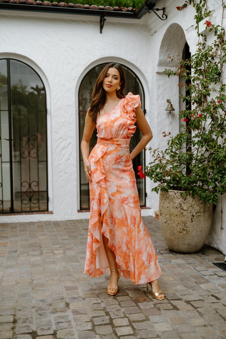 Dominique Pink One Shoulder Ruffle Maxi Dress