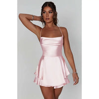 Mia | Women's Satin Open-Back Mini Cocktail Dress V-Neck Pleated Pink