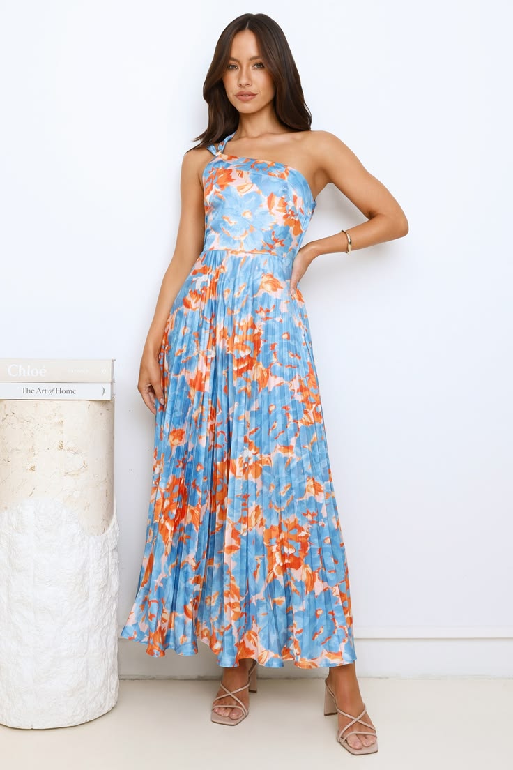 Dressed And Ready One Shoulder Satin Maxi Dress Blue XS Print