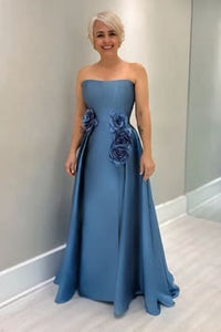 Dusty Blue Satin Mother Of The Bride Dress Strapless With Flowers