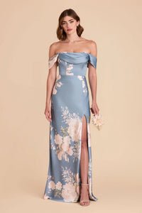 Mia Matte Satin Dress - Dusty Blue Romantic Bouquet
