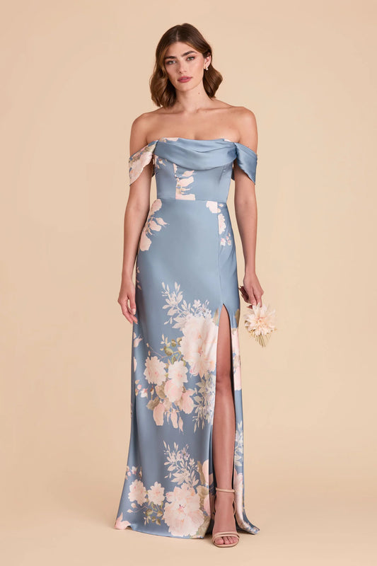 Mia Matte Satin Dress - Dusty Blue Romantic Bouquet